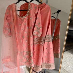 Peach Embellished Traditional Set Indian sharara suit  real mirror work heavy